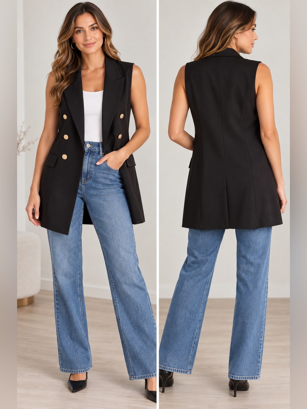 Sleeveless Double-Breasted Black Blazer Vest with Gold Buttons